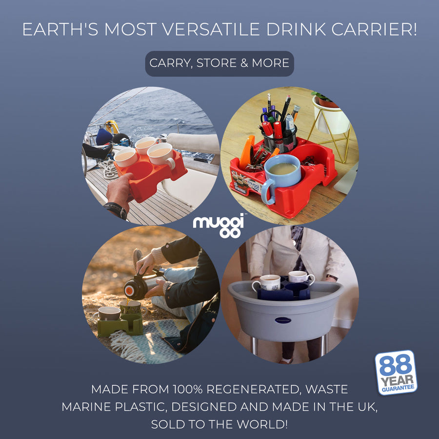 muggi in use on a boat, as a desk organiser, outdoors and on a walking aid