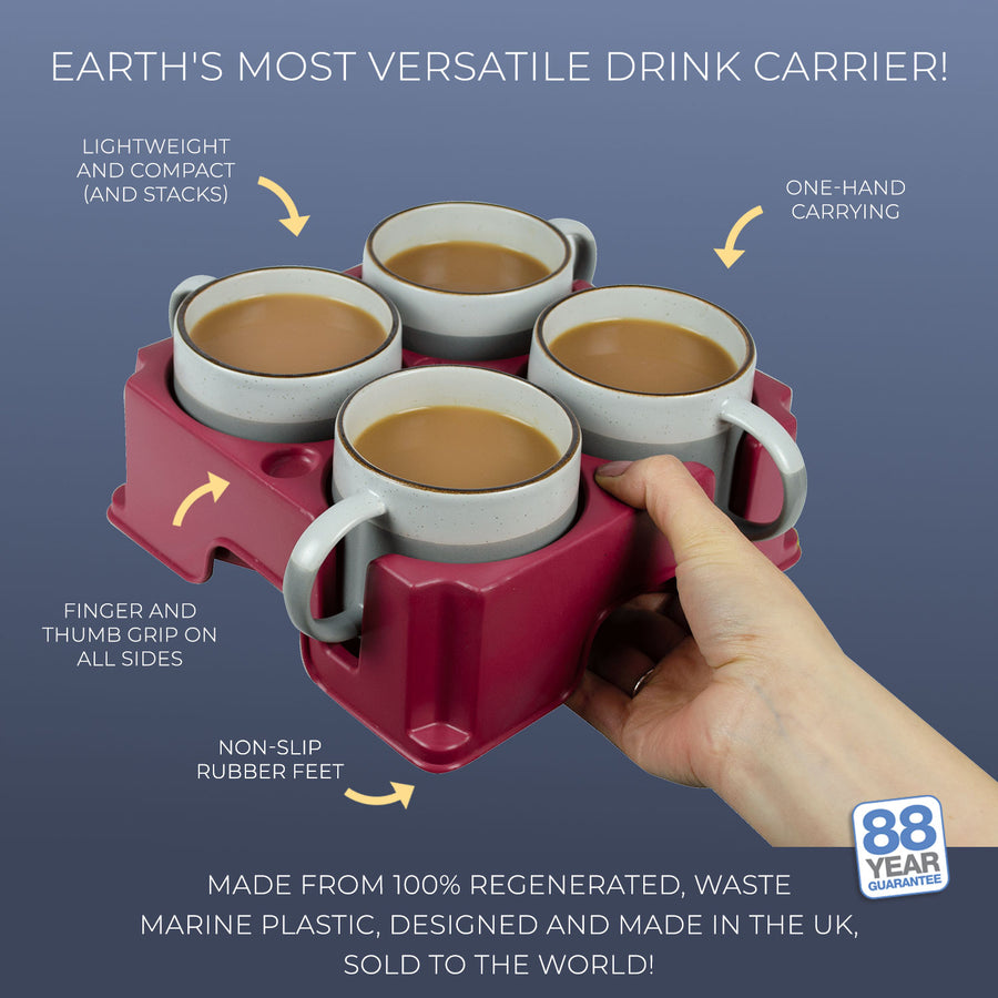 Rustic red muggi carrying four mugs in one hand, with finger and thumb grips and non-slip rubber feet