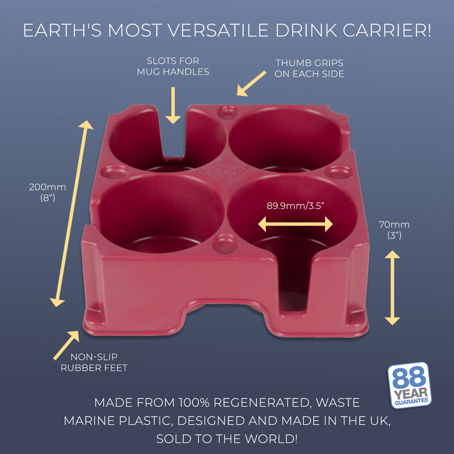 Empty rustic red muggi showing four 89.9 mm cup holders, mug handle slots and thumb grips; 200 mm wide, 70 mm tall