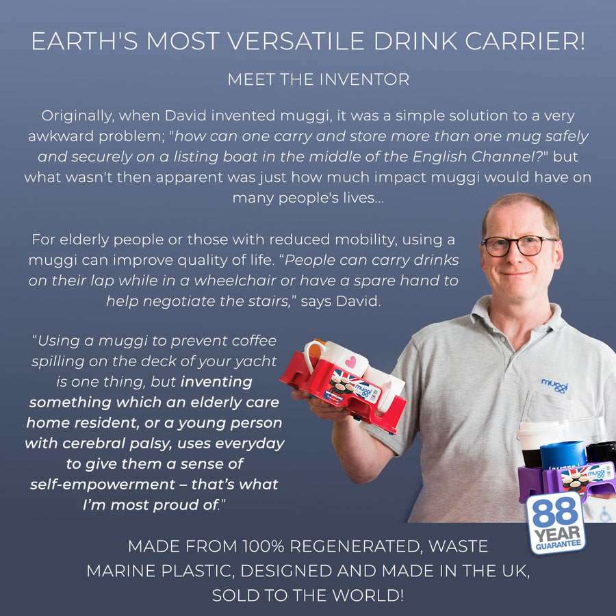 David Trotter, the inventor of muggi, holding a red muggi with drinks
